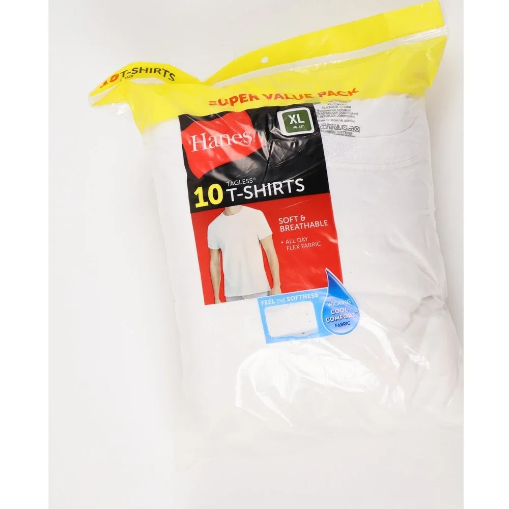Hanes T-Shirts 10 Pack Tagless Crew Neck White Solid XL Cotton NWT